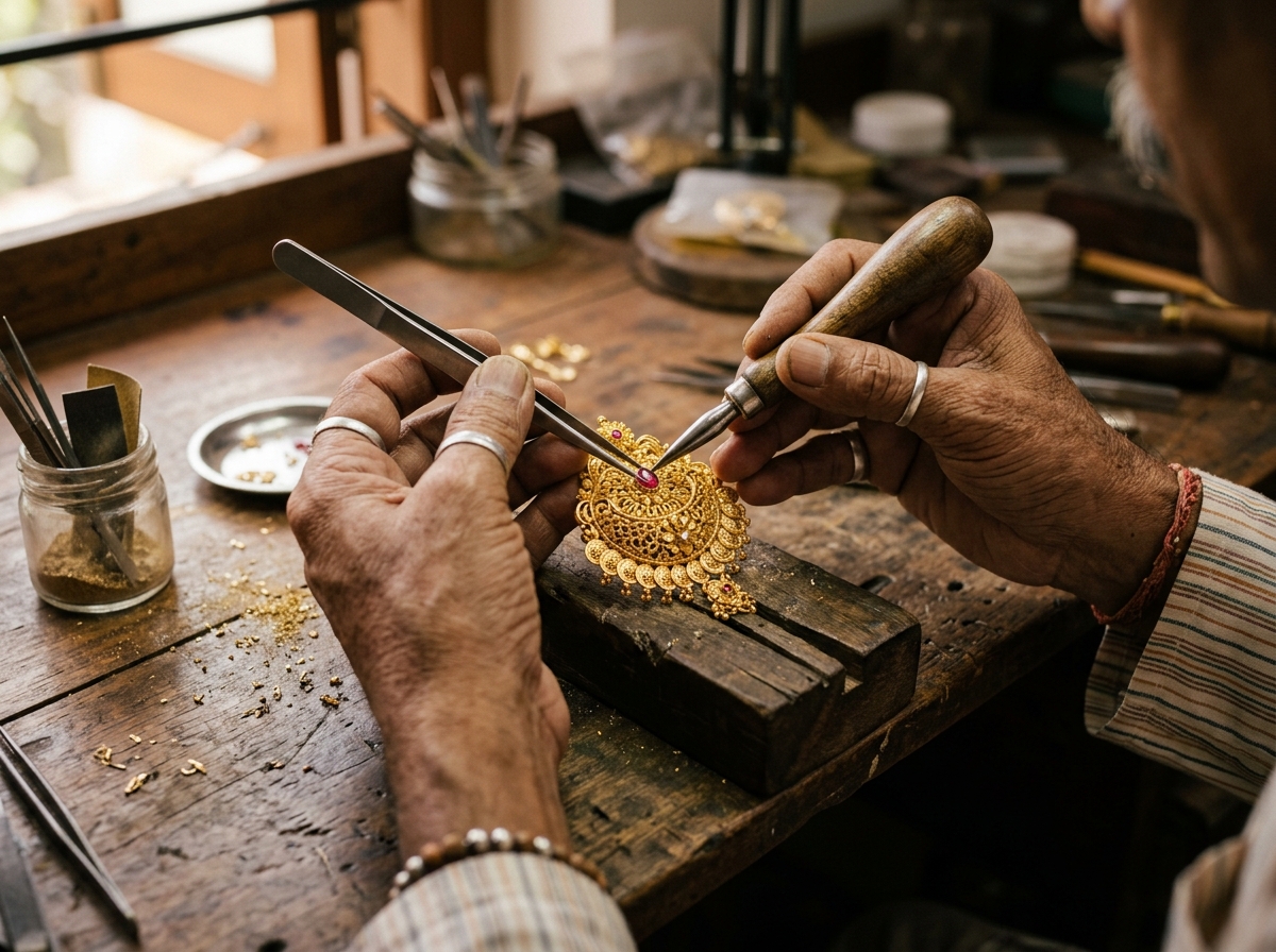 Kerala Master Goldsmith Handcrafting Gold Bridal Necklace
