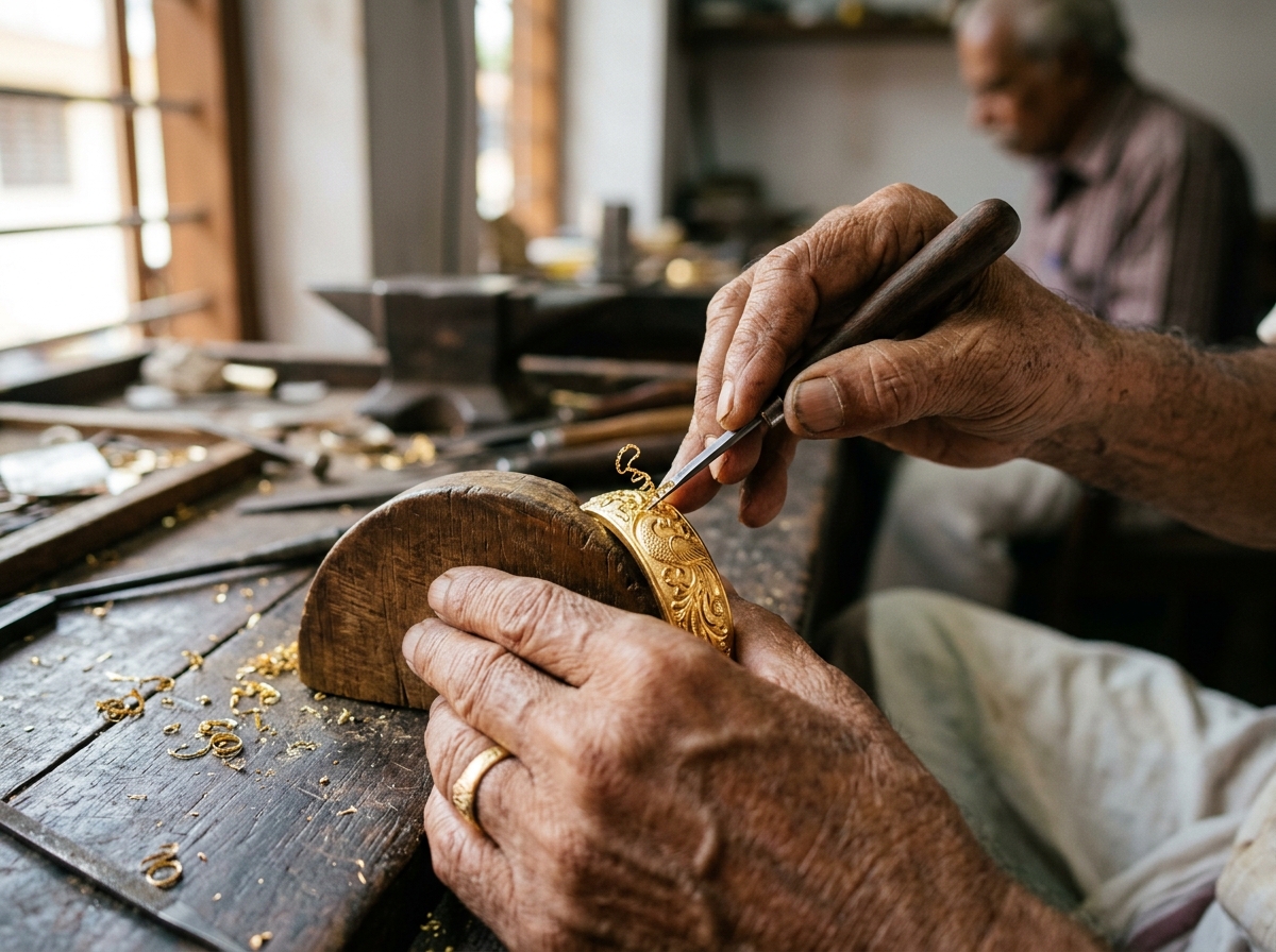 Kerala Artisan Engraving Temple Gold Bangles