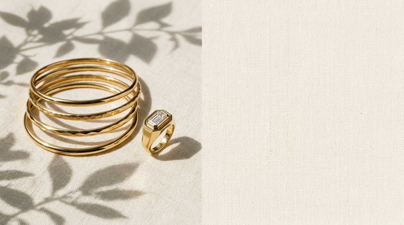 Modern Minimalist 22K Gold Bangles and Diamond Ring